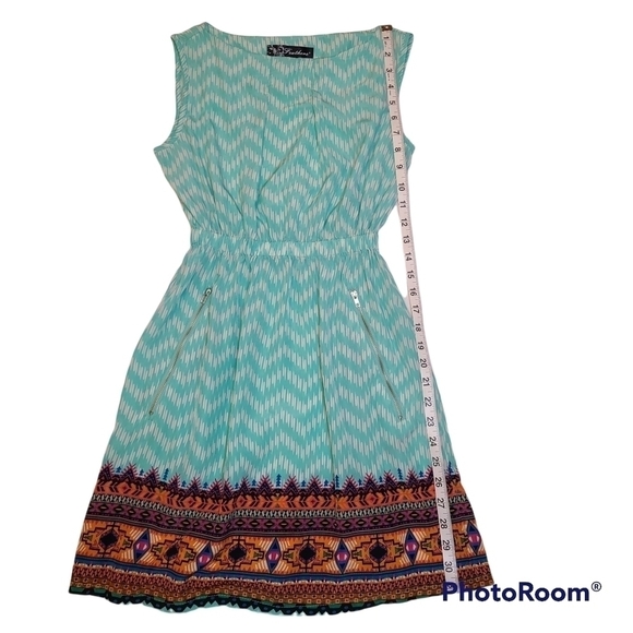 Feathers Aztec Print Sleeveless Mini Dress w/ Zipper Pockets, Blue White, Small - Picture 12 of 15